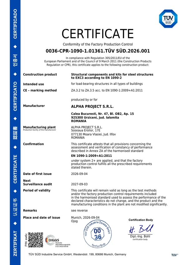 Prima pagină a certificatului TÜV SÜD pentru controlul producției în fabrică — ALPHA PROJECT S.R.L.