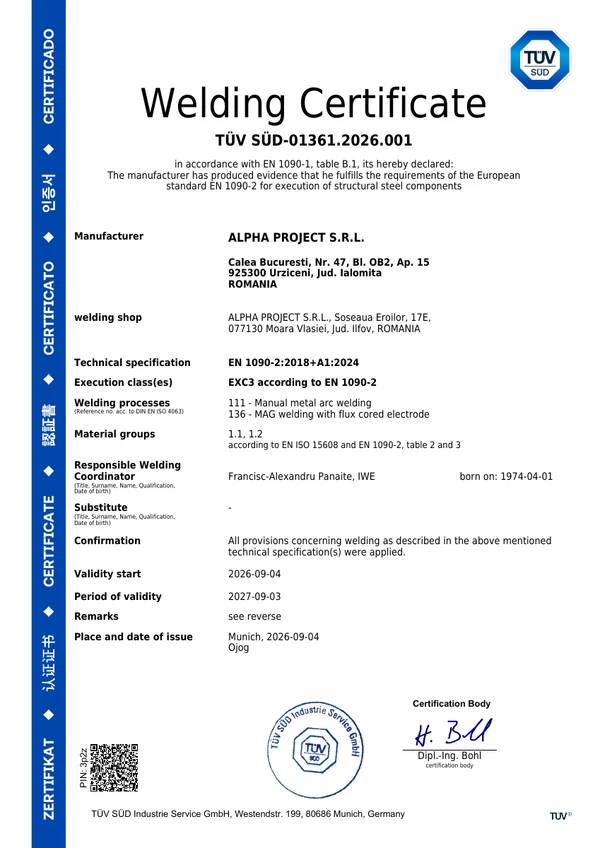 Prima pagină a certificatului de sudare TÜV SÜD, clasa EXC3 — ALPHA PROJECT S.R.L.