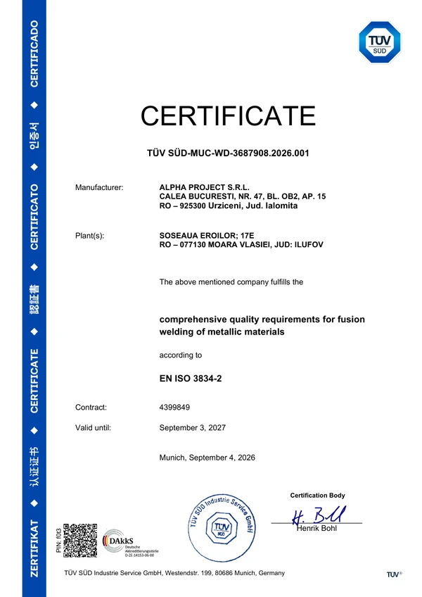 Prima pagină a certificatului TÜV SÜD EN ISO 3834-2 pentru calitatea sudării — ALPHA PROJECT S.R.L.